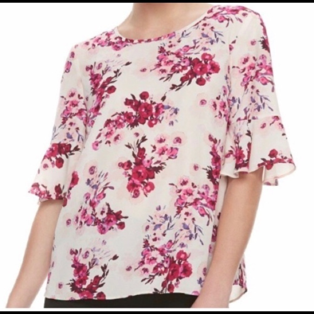 Elle Pink Floral Ruffle Shirt Sleeve Poly Top M